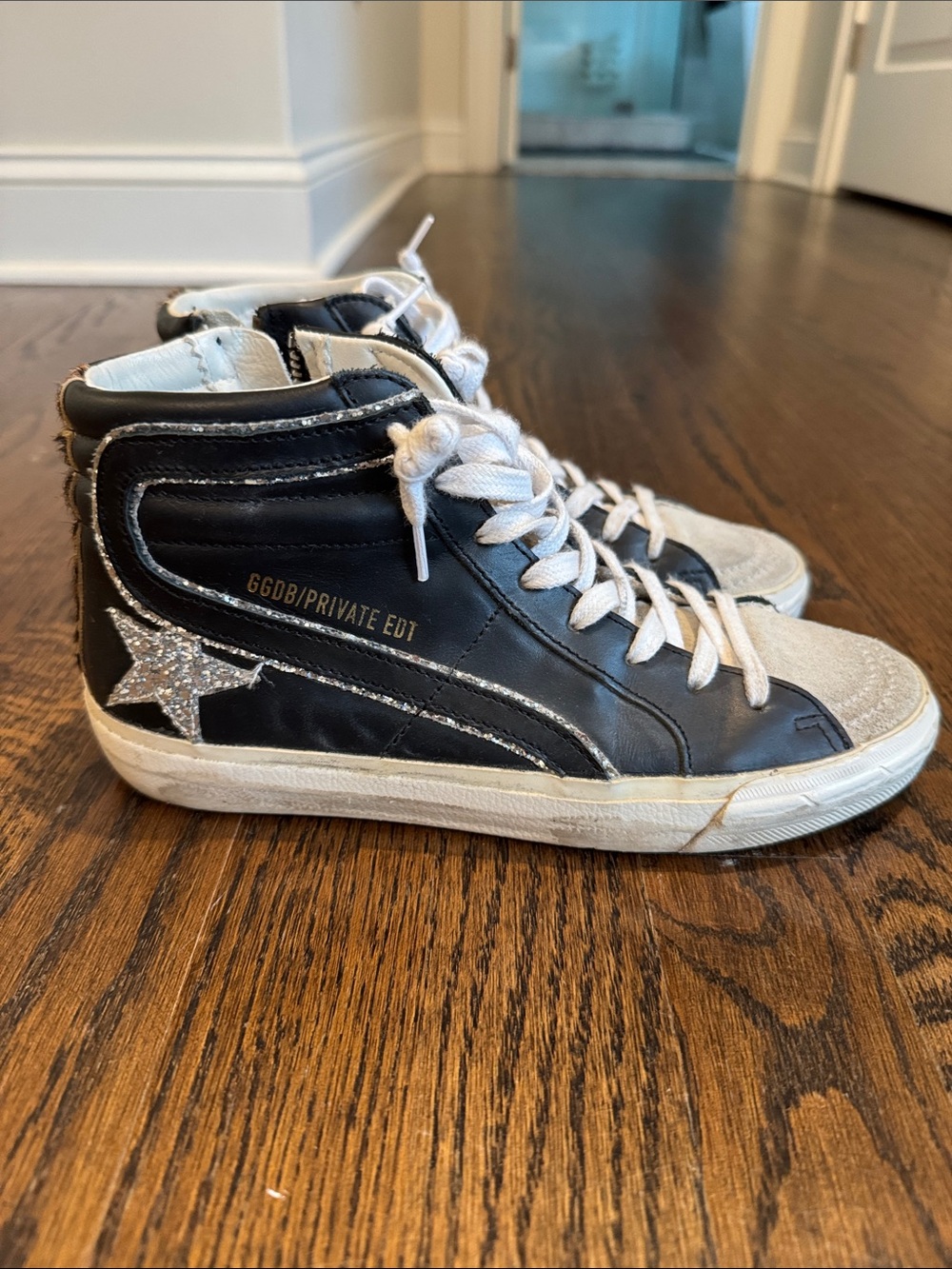 Golden Goose Limited Edition Black High-Top Sneakers with Silver Glitter Star